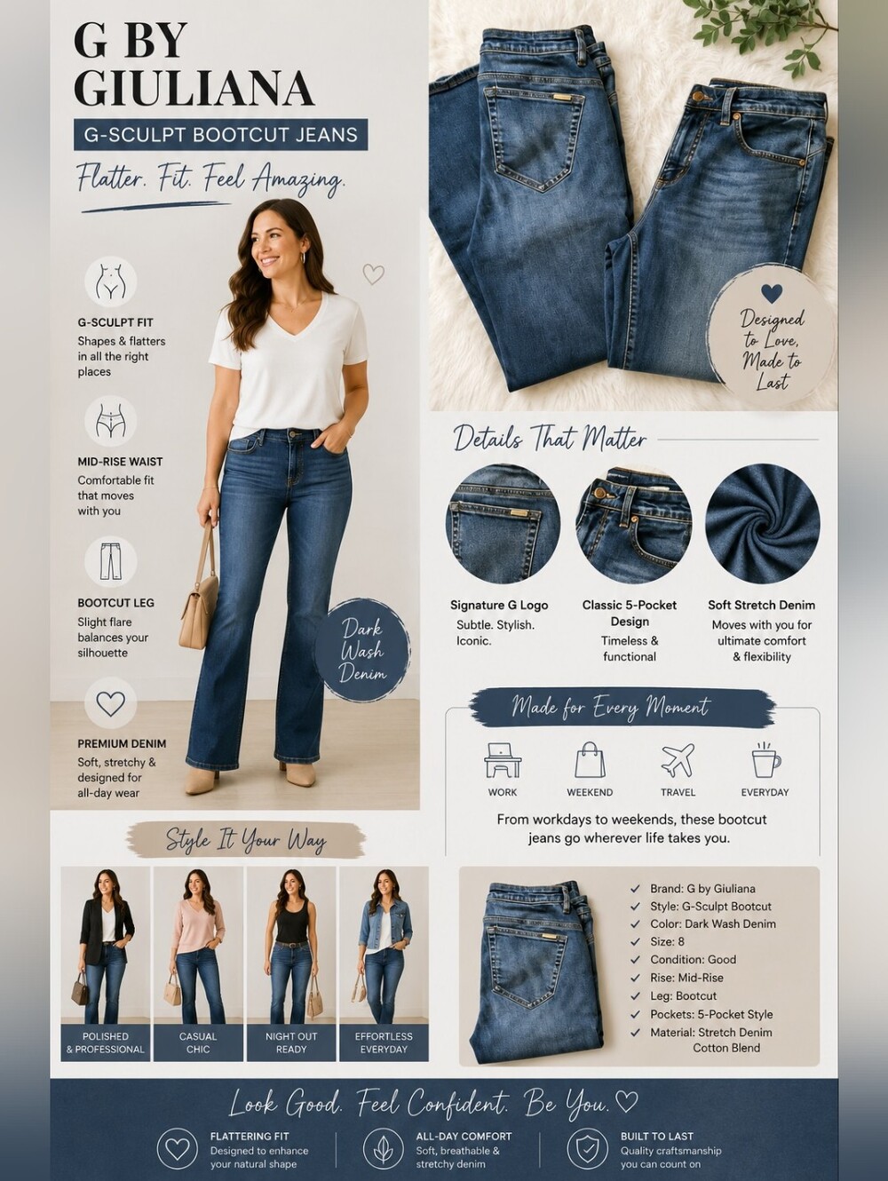 G by Giuliana G-Sculpt Bootcut Jeans Dark Wash Denim Size 8